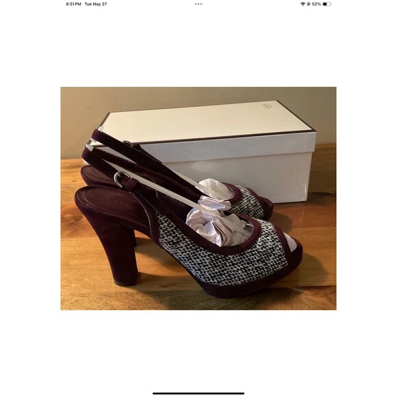 Coach Womans 7.5 Lorilee Burgandy/Black/White Tweed Sling Back Pump A3145 NEW - Picture 3 of 8
